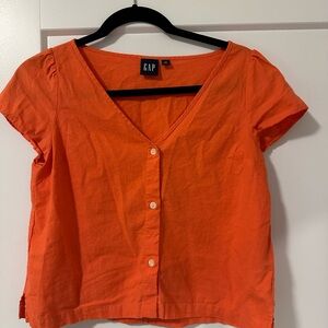 GAP Women's Orange linen Button-Up short sleeve top